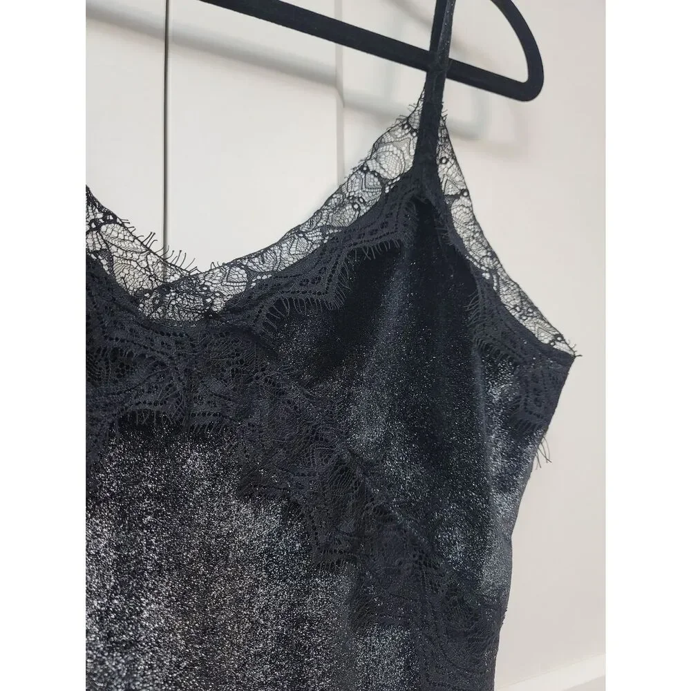 Topshop Black Shimmer Velvet & Lace Trim Bodysuit - Strappy V-Neck Size 12